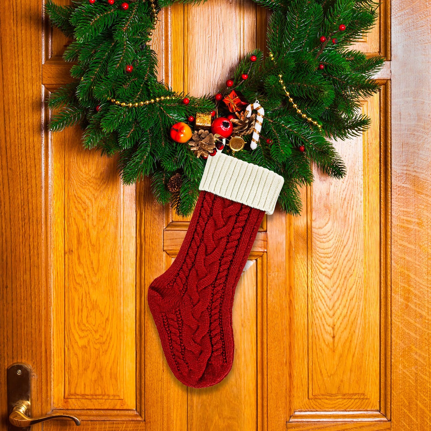 PETOX 2 Pack 18" Personalized Christmas Stockings, 18inch Large Cable Knitted Xmas Hanging Stocking Decorations for Holiday Christmas Party Family Decor (Lvory/Burgundy)