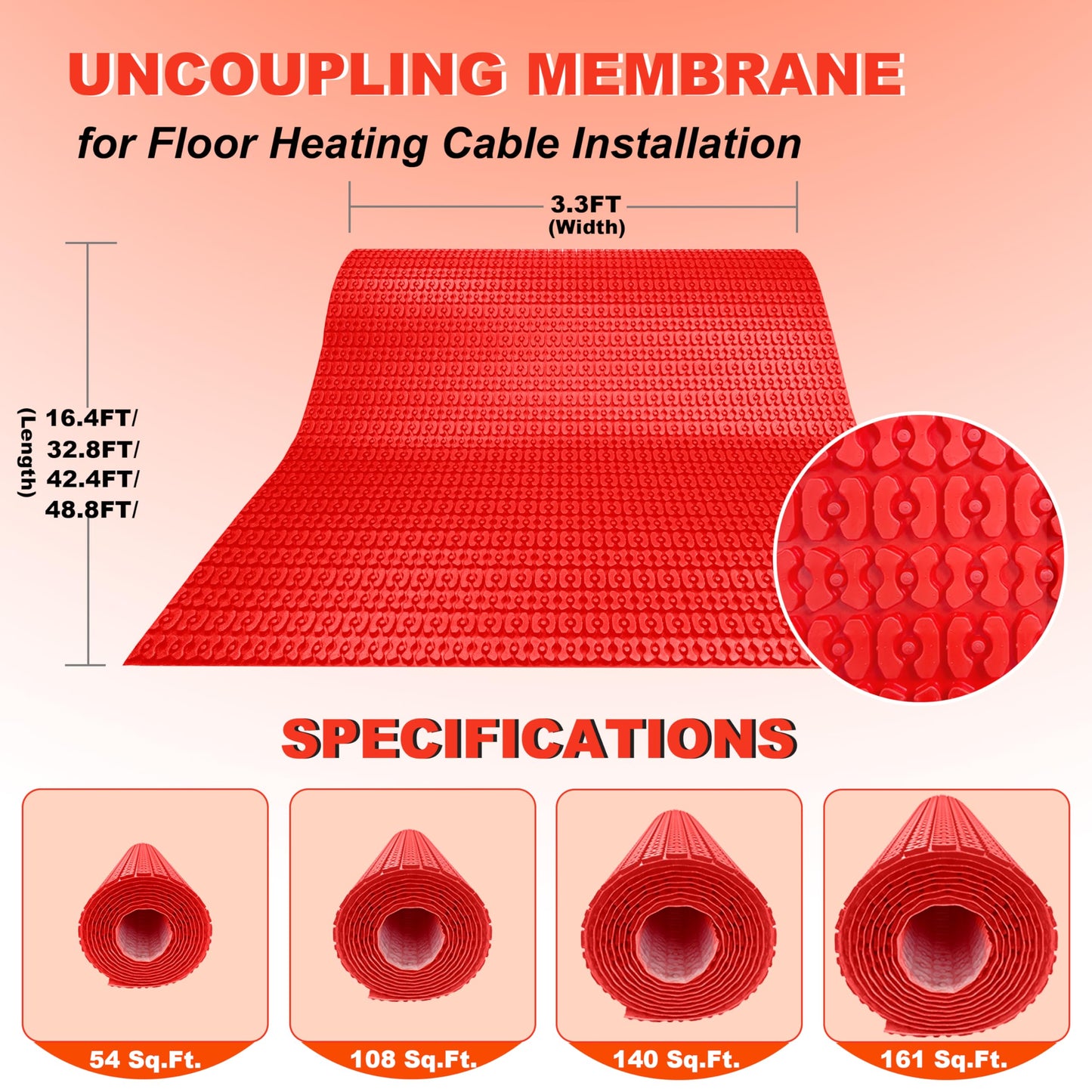MAXKOSKO Heating Cable Underlayment Membrane, Easy Installation and Uncoupling Heated Floor Mat, Waterproof and Tile Anti-Fracture 161 Sq. Ft.
