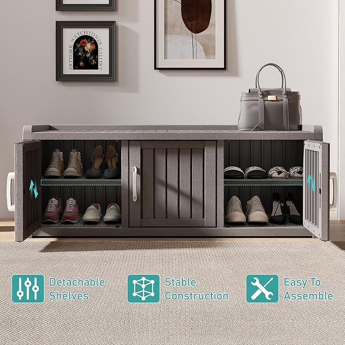 2-Tier Storage Bench, Waterproof UV-Resistant Outdoor Shoe Storage Cabinet with 3 Doors & Adjustable Shelves for Indoor Outdoor Entryway, Hallway, Living Room (Grey)