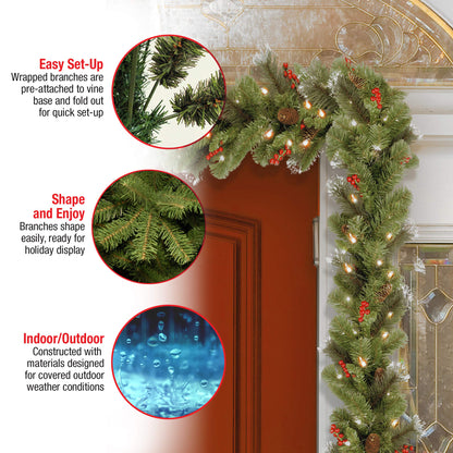 National Tree Company 9 ft Pre-Lit Crestwood Spruce Artificial Christmas Garland, Christmas Decoration with Glitter, Pinecones, Red Berries, 50 Clear Lights, 180 Tips, Green