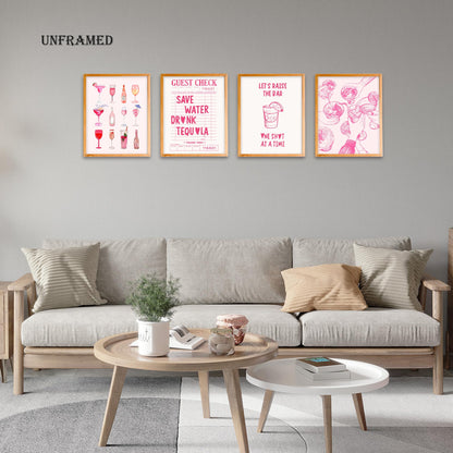 BearCake Pink Bar Wall Decor, Funky Preppy Champagne Cocktail Girly Poster Wall Art for Home Bar Cart Lounge Club Girls Room Apartment Decor Posters, 11x14 Inches UnFramed
