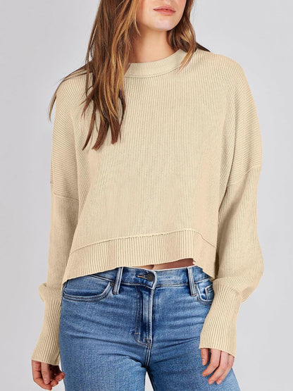 ANRABESS Womens Cropped Sweaters Oversized Crewneck Long Batwing Sleeve Side Slit Ribbed Knit Pullover Tops 2025 Fall Clothes