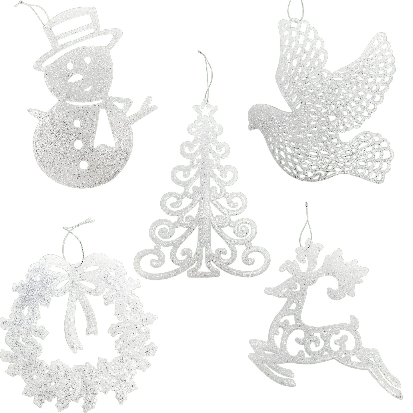 White Christmas Tree Ornaments Set of 5 – Large Glittered Holiday Decorations with Snowman, Reindeer, Dove, Wreath & Christmas Tree – 9” Shatterproof Hanging Ornaments for Winter & Farmhouse Décor