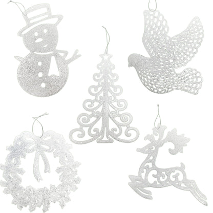 White Christmas Tree Ornaments Set of 5 – Large Glittered Holiday Decorations with Snowman, Reindeer, Dove, Wreath & Christmas Tree – 9” Shatterproof Hanging Ornaments for Winter & Farmhouse Décor