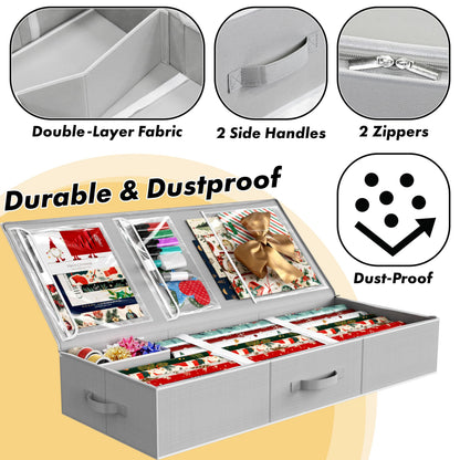 Simple Houseware 41.5" Wrapping Paper Storage Organizer - Fits 40 Rolls with Adjustable Straps, Interior Divider for Ribbons & Bows, 3 Clear Pockets for Gift Bags & Tools, 41.5''L x 16''W, Gray