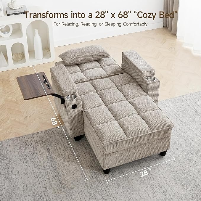 Oversized Recliner Chair with Swivel Tray Table, Modern Tufted Linen Fabric