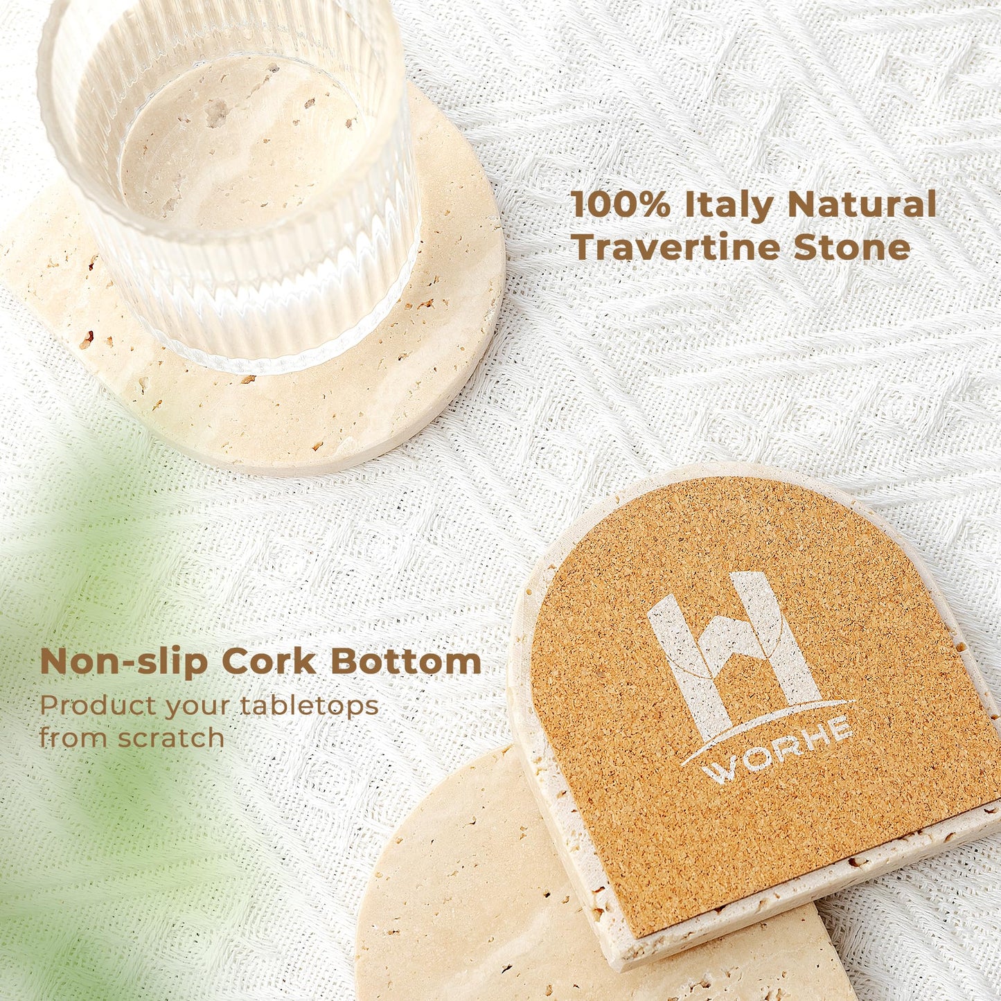 WORHE Marble Coaster for Drinks Set of 5 Natural Travertine Coasters for Home Decor Coffee Table, Modern Style Stone Cup Mat for Housewarming Party Hotel Bar Christmas Anniversary Present Beige(DL020)