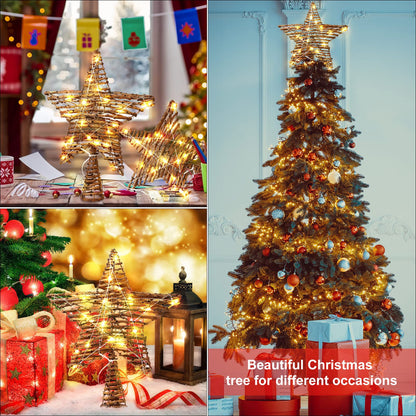 Threan Christmas Rattan Star Treetop, 14 Inch Burlap Rattan Star Tree Topper with Warm Lights Rustic Xmas Treetop Decoration for Christmas Tree Ornament Home Party Indoor(10 Lights)