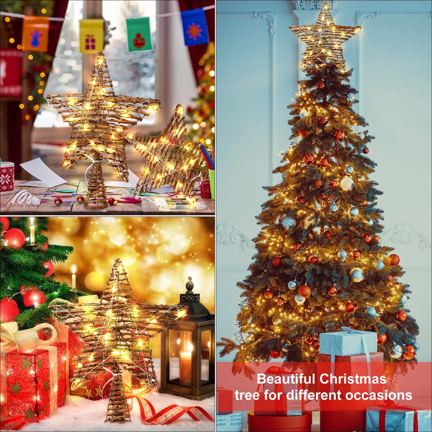 Threan Christmas Rattan Star Treetop, 14 Inch Burlap Rattan Star Tree Topper with Warm Lights Rustic Xmas Treetop Decoration for Christmas Tree Ornament Home Party Indoor(10 Lights)