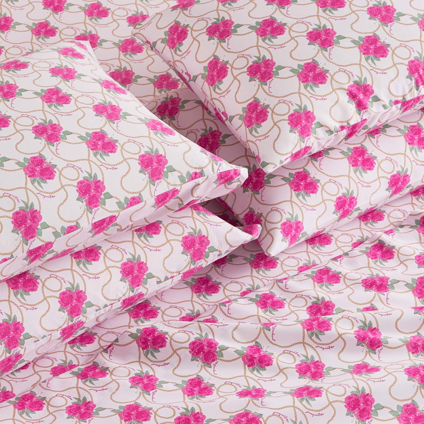 Juicy Couture Printed Microfiber 6-Piece King Sheet Set, Bianca Chain Floral Pink