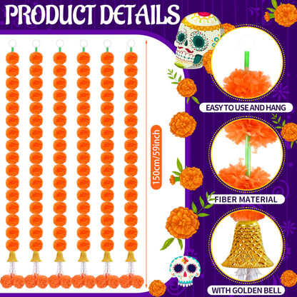 OCTERIC 6 Pcs 5 Ft Artificial Marigold Flowers Garland, Dia de Los Muertos Faux Garlands Diwali Decoration with Pendant Bell for Indian American Wedding Party Mantle Decor (Dark Orange)