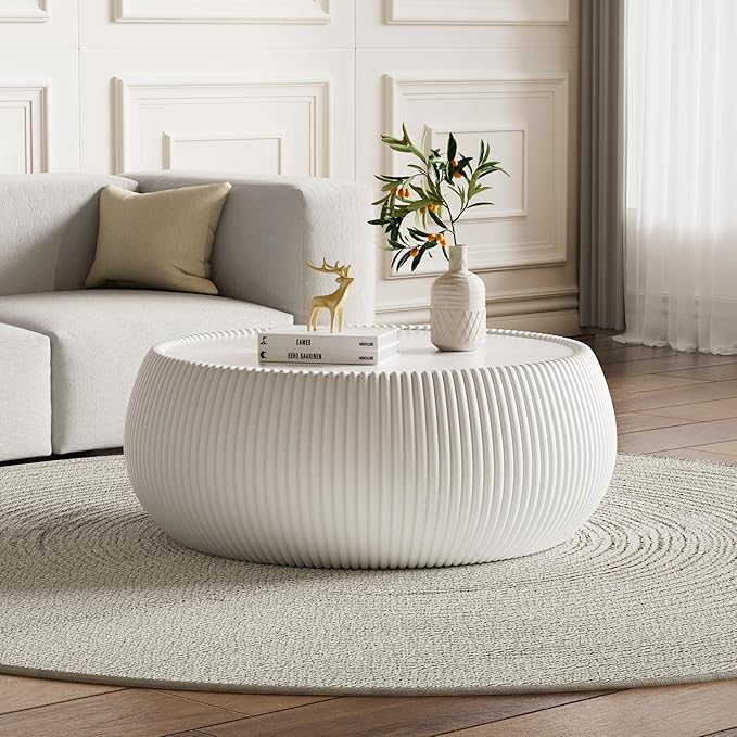 27.55" Round Marble Coffee Table, Modern Drum Coffee Cocktail Center Tables