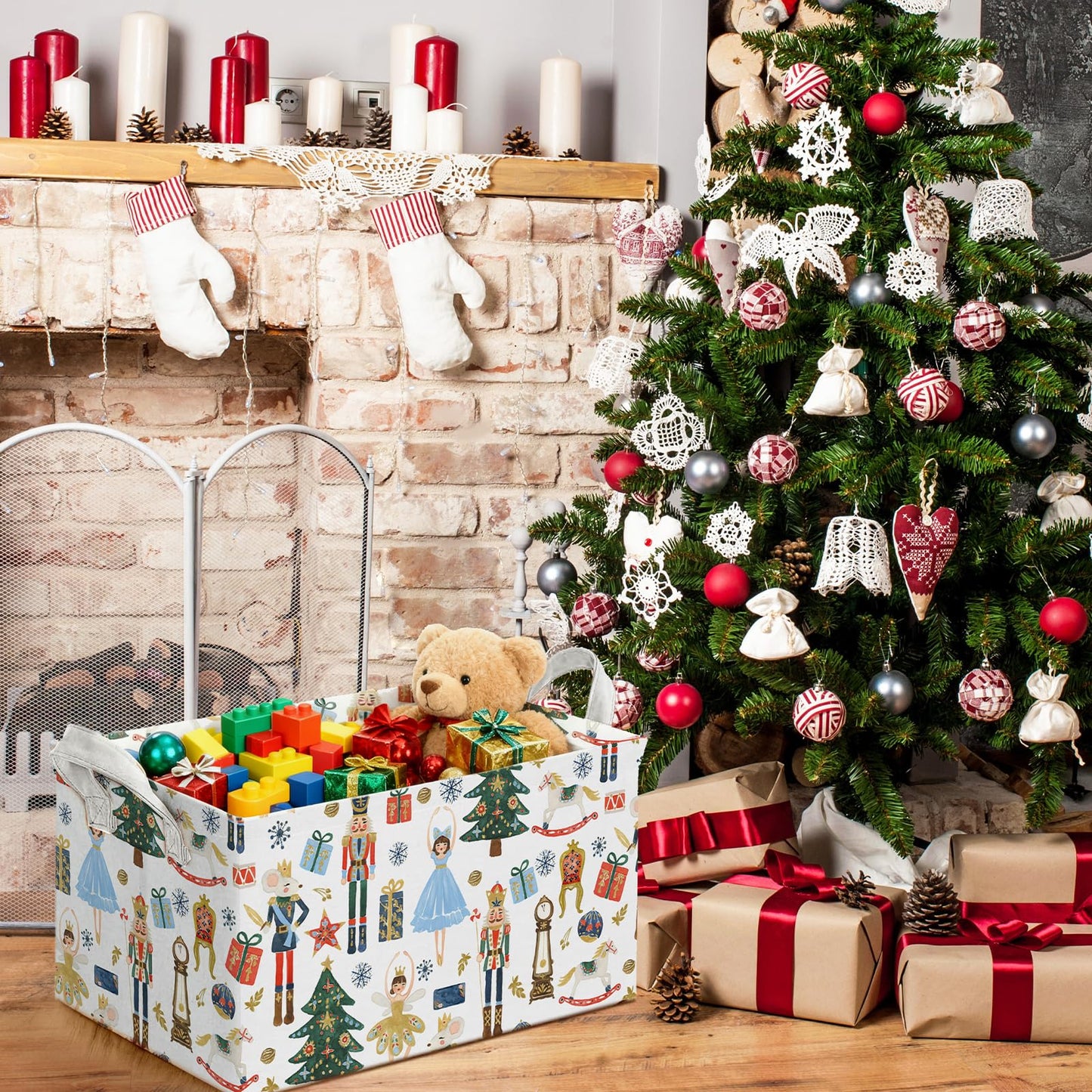 FYSUIMU 2Pcs Christmas Storage Basket Collapsible Canvas Organizer Cartoon Nutcracker Fabric Storage Bin with Handles for Shelf Closet Winter Xmas Home Organizer Decor