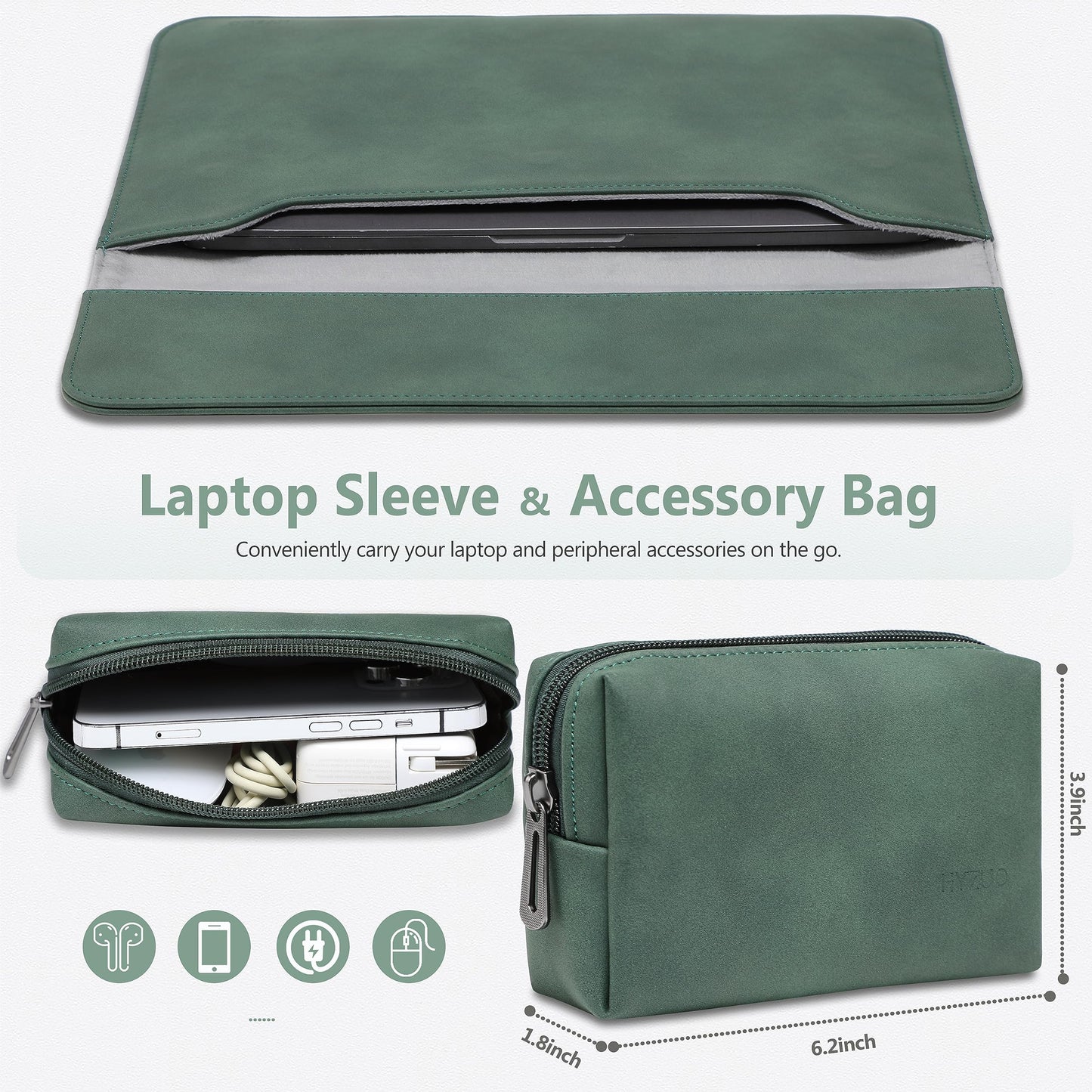HYZUO 13 Inch Laptop PC Case Bag for MacBook Air 13.6/13 M4 M3 M2 M1 2025-2018, MacBook Pro 13 M2 M1 A2338 A2289 2025-2016, Surface Pro 11, XPS13, with Small Bag, Midnight Green-H