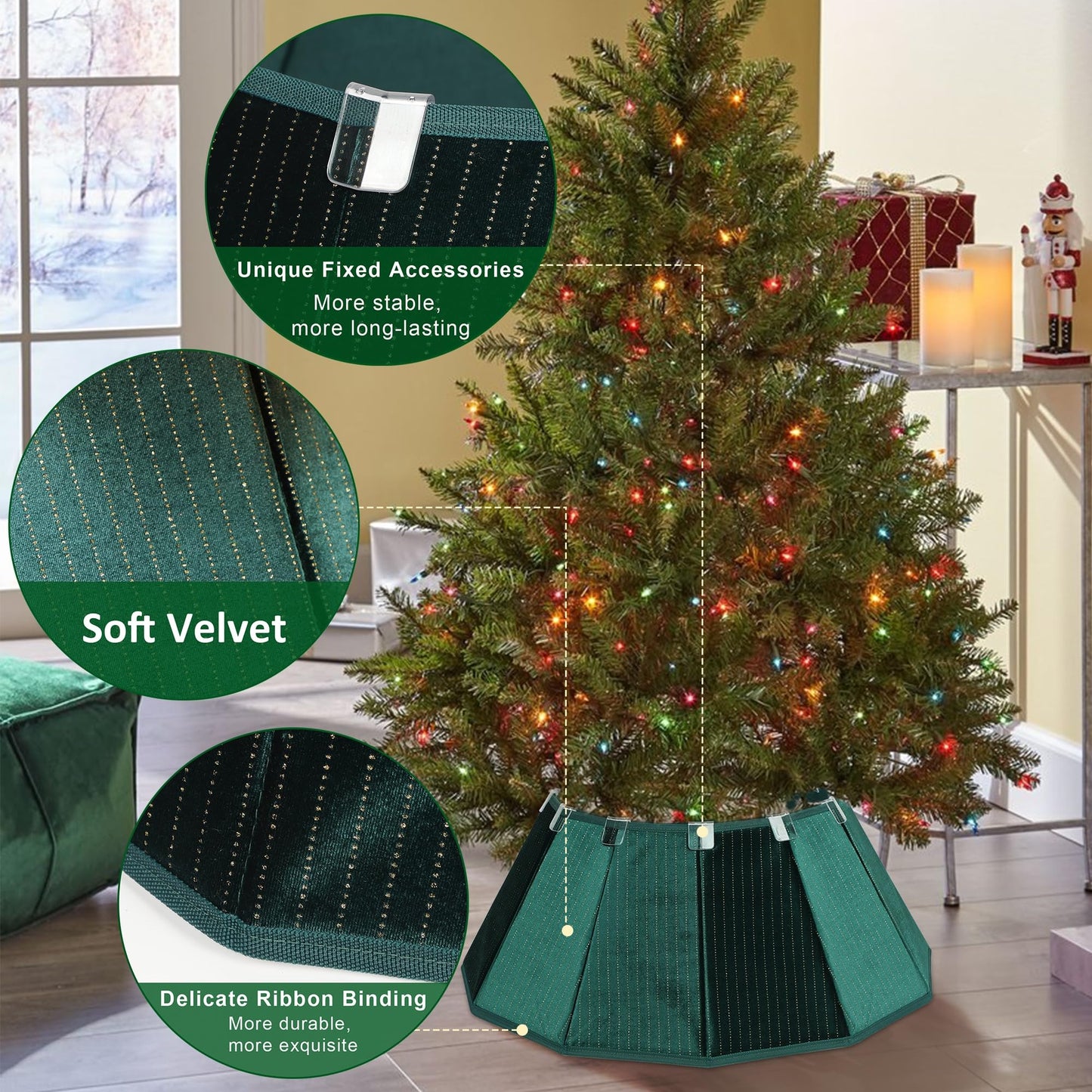 Blissun Christmas Tree Collar, Velvet Foldable Christmas Tree Ring with Golden Dotted line, Christmas Tree Skirt for Artificial Christmas Trees Decoration, Green