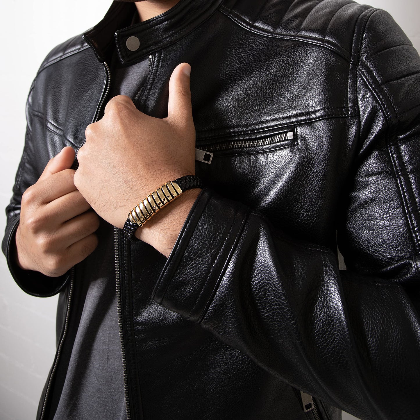 SERASAR Pulseras para hombre 23cm Oro, Caja de regalo, Piel vaca genuina trenzada, Cierre magnético ajustable, Envoltura multicapa, Joyero, Cuerda s, Accesorios joyería