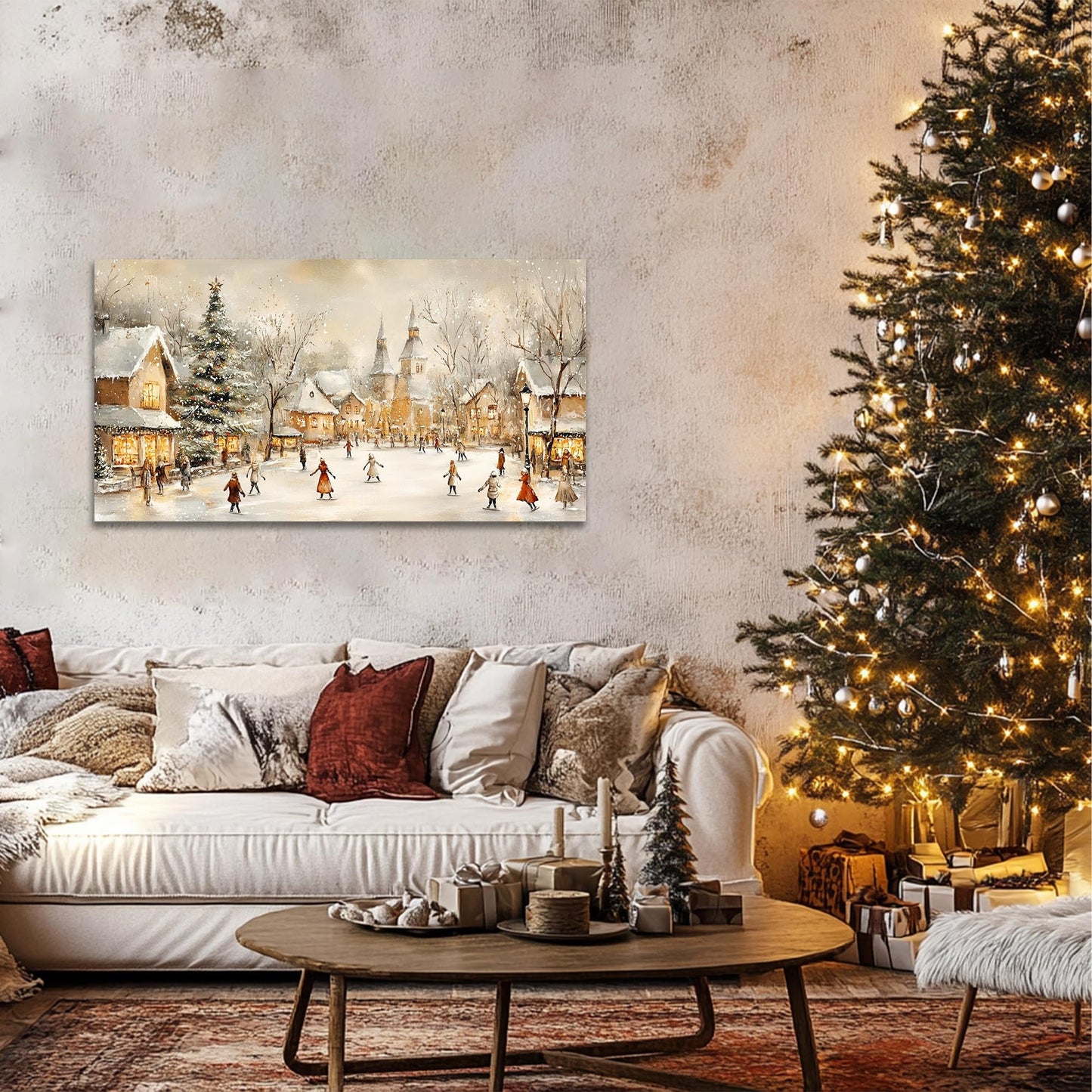 GUTTATY Christmas Village Santa Canvas Wall Art, Winter Snow Scene Canvas Wall Decor, Festive Christmas Poster, Warm White Hanging Painting Prints for Living Room, Hallway, 32x16 Inch