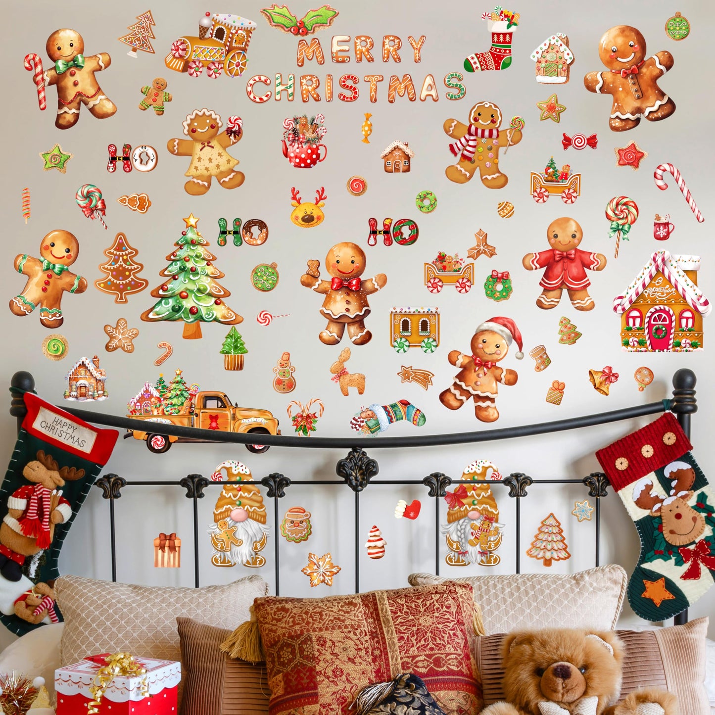 Christmas Gingerbread Wall Stickers Decoration 12 Sheets, Christmas Wall Decals Holiday Gingerbread Decor, Winter Candy Vinyl Stickers for Living Room Bedroom Home Office Decor