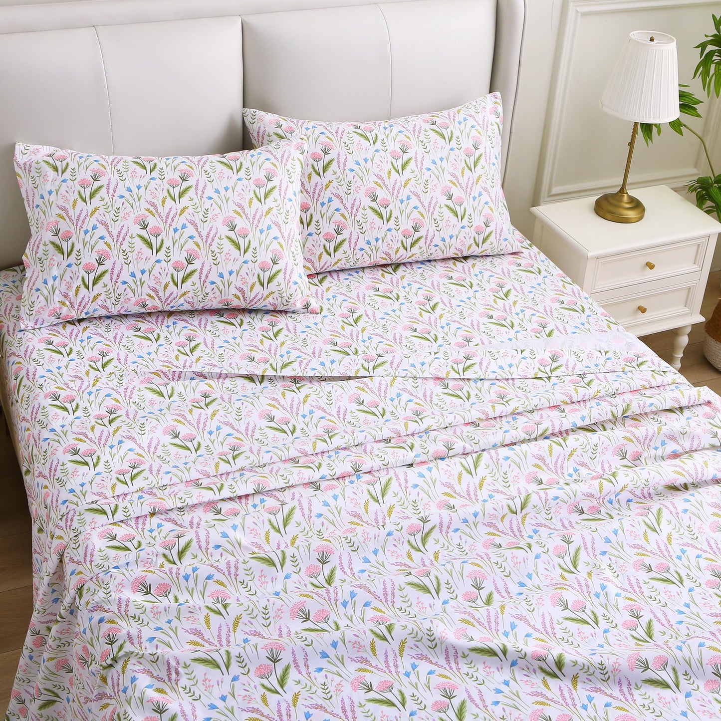 Viviland Floral Twin Sheet Set - 3 Piece Lavender & Blue Bell Pink Cluster Botanical Patterned Bed Sheets - Soft, Breathable Microfiber Sheets with Deep Pocket, Non-Slip Fitted Sheets & Pillowcases