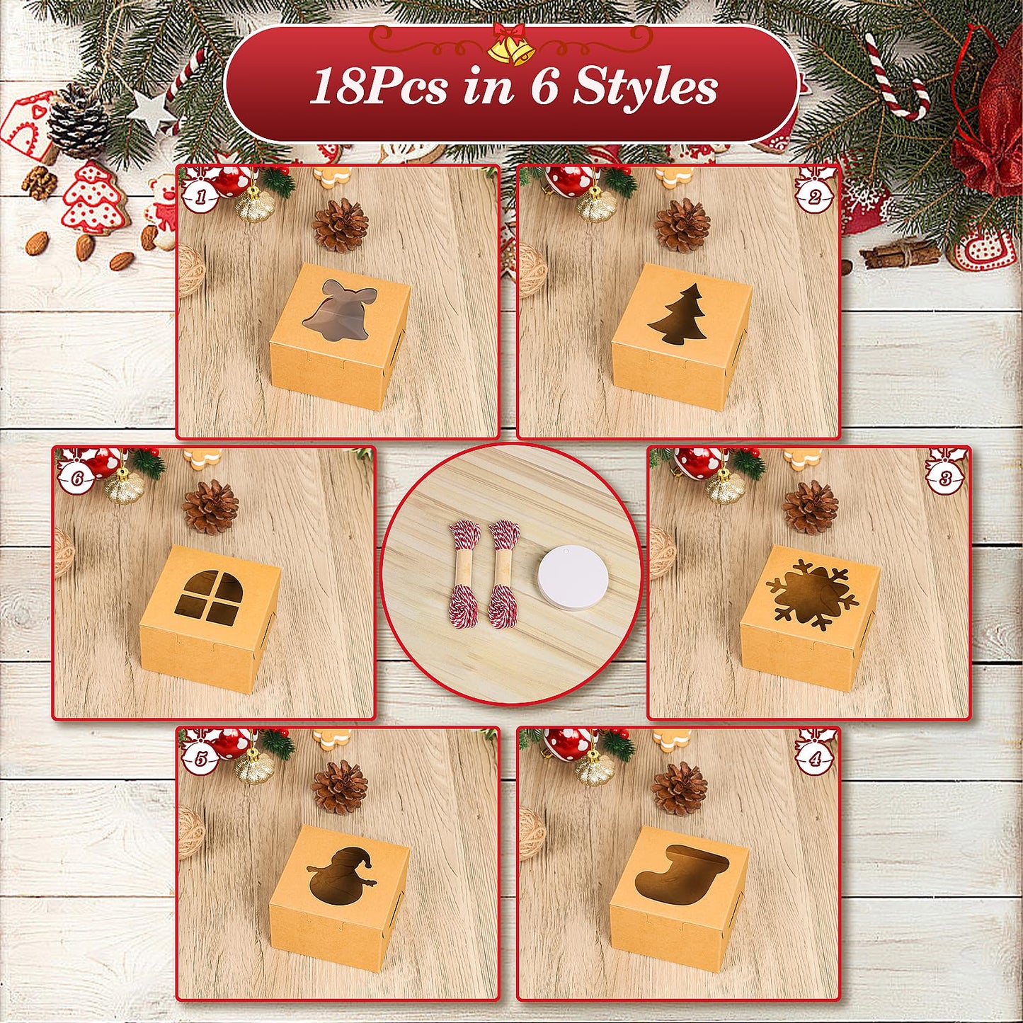 COTOPHER 18Pcs Christmas Cookie Boxes with Window, 4x4x2.5 inch Kraft Brown Bakery Boxes for Gift Giving, Mini Cake Boxes for Treat Donuts Chocolate Strawberries Pastries Muffins