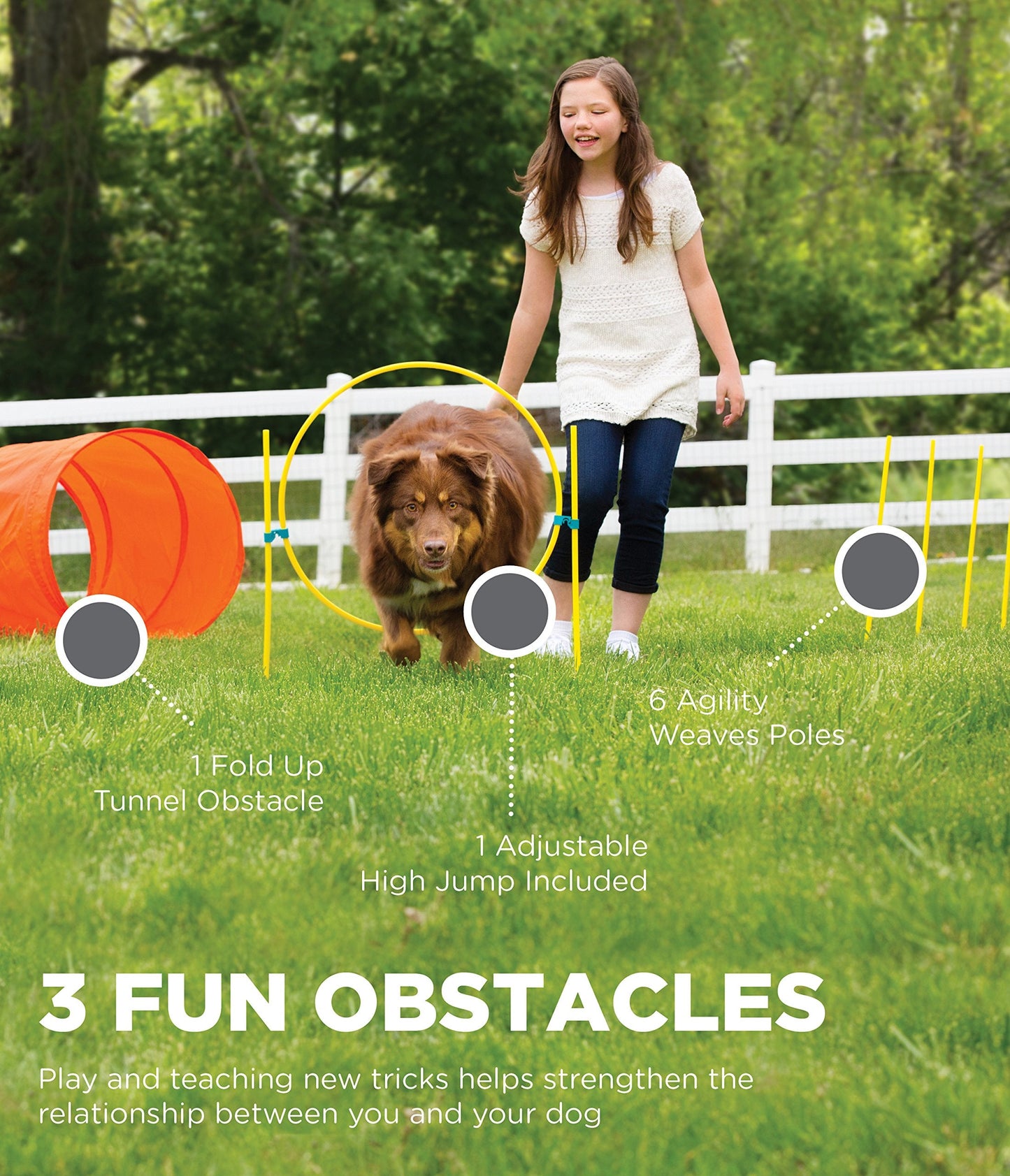 Outward Hound Kyjen 42003 Zip & Zoom Outdoor Agility Kit 3 Obstacle Dog Agility Kit with Dog Tunnel Weave Pole High Jump, Large, Multicolor