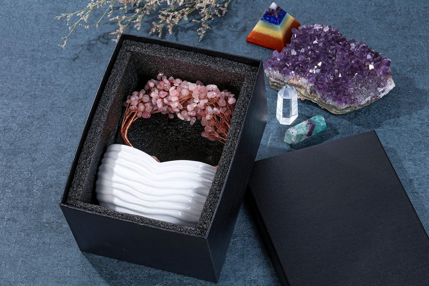 Jovivi Rose Quartz Crystal Heart Money Tree Healing Gemstone Bonsai Tree for Wedding Ceremony Reiki Balancing Energy Meditation Feng Shui Wealth & Good Luck Home Indoor Office Decor 7.87"-8.26"