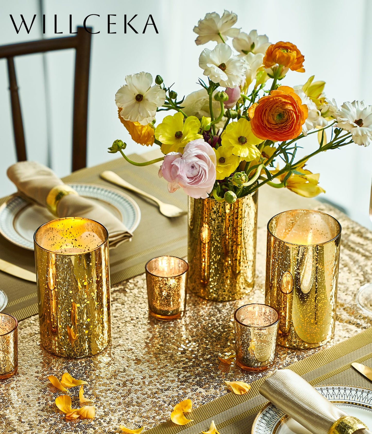 Willceka Gold Cylinder Vases for Centerpieces, Modern Glass Vase Set of 12 Decorative Hurricane Candle Holder for Pillar Candle Holders Flowers for Table Centerpiece