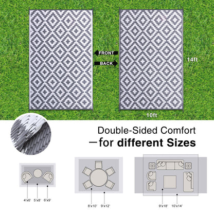 OLANLY Waterproof Outdoor Rug 10x14 ft, Outdoor Plastic Straw Rug for Camping, RV Mat Outside, Outdoor Carpet for Porch, Deck, Backyard, Balcony, Picnic, Grey & White