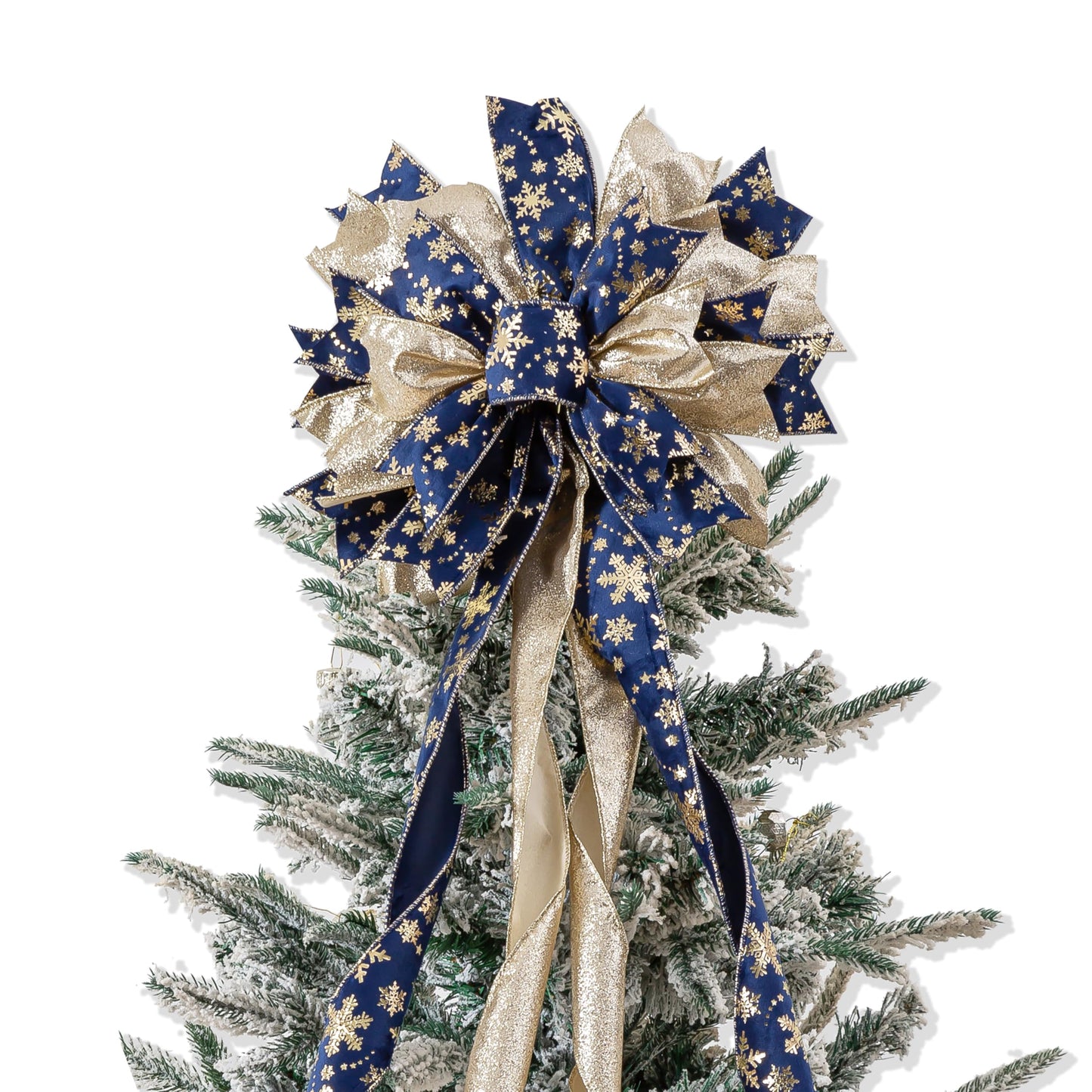 Blue Gold Christmas Tree Topper, 40x13 Inches Toppers Bow with Glitter Satin Mesh Streamer and Patterned Ribbon, Christmas Tree Topper Bow for Christmas Home Decoration