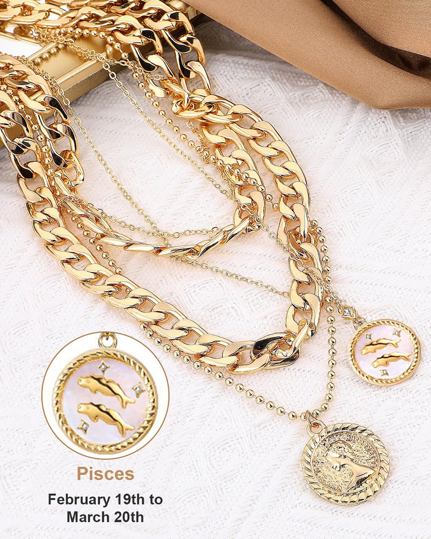 MJartoria Gold Layered Necklaces for Women Trendy Retro Coin Pendant Necklace Dainty Chunky Chain Choker Necklaces for Jewelry Birthday Gifts (Gold, Zodiac-Pisces-3PCS Layered)