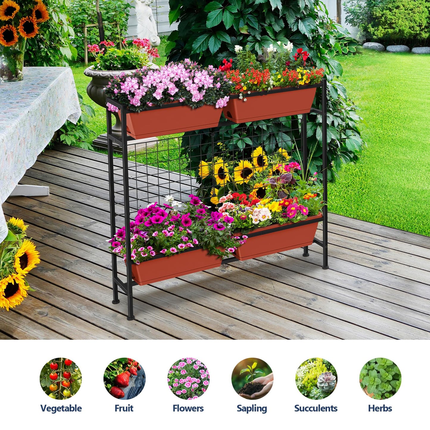 Raised Garden Beds Outdoor Elevated Planter Boxes with Trellis Herb Garden Planter Outdoor Raised Flower Boxes with Legs for Vegetable Patio Balcony Porch, Brick Red