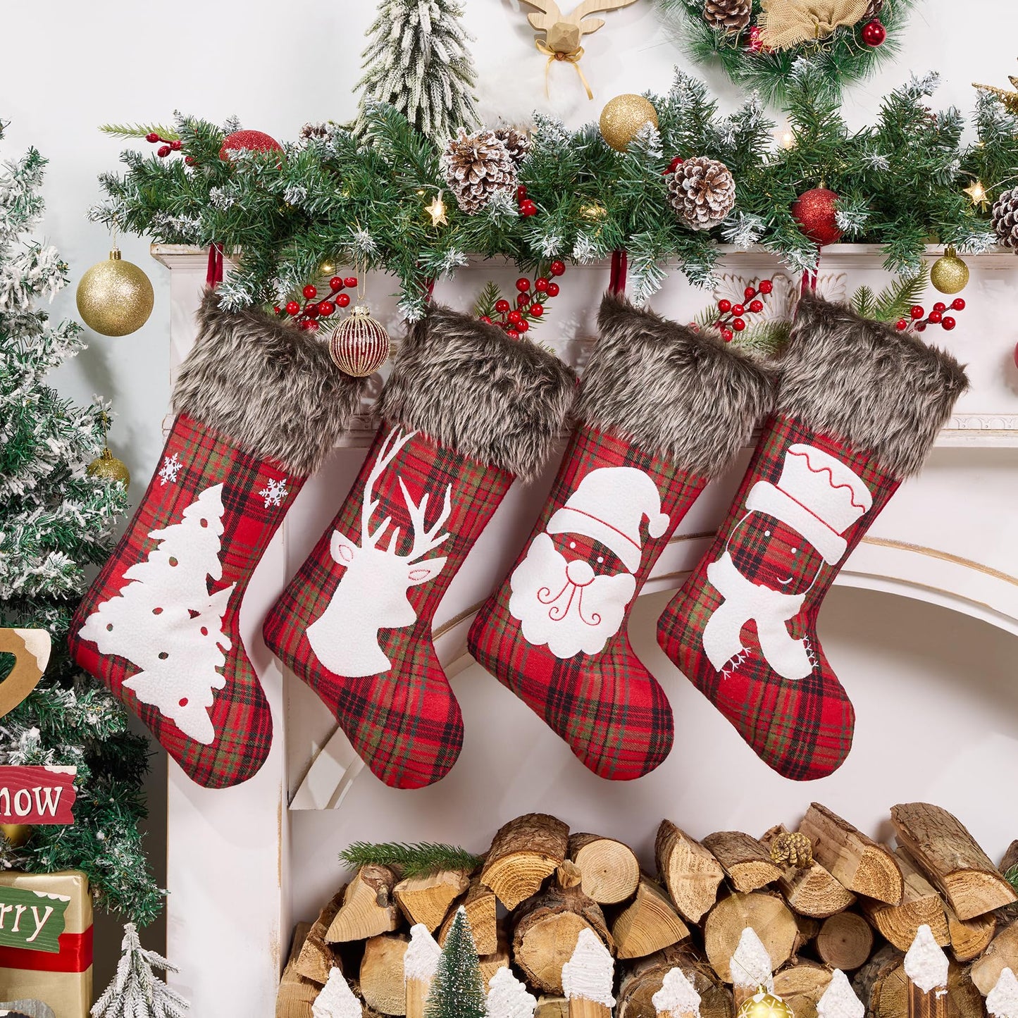 Mostop 4 Pack Christmas Stockings, Large Buffalo Plaid Faux Fur Xmas Stockings Santa Snowman Reindeer Pattern Stockings for Xmas Family Home Decoration