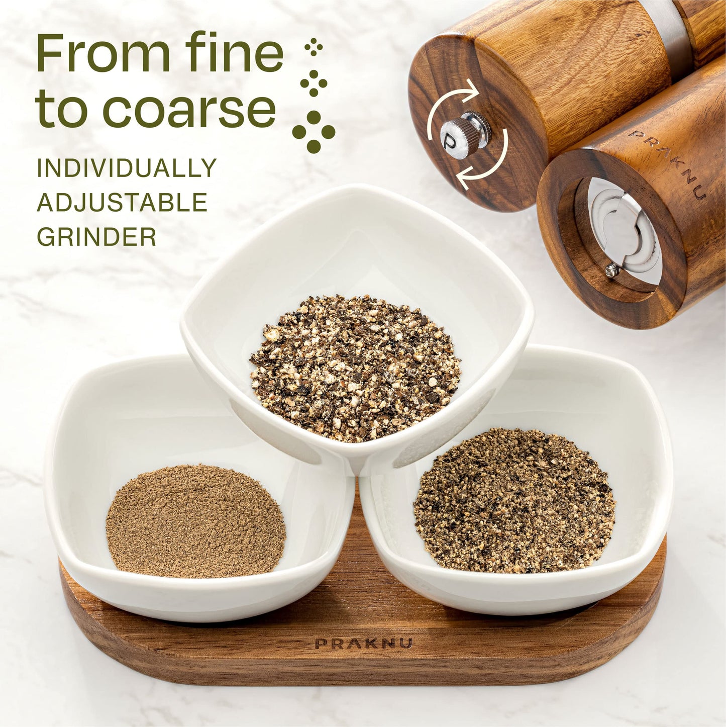 Salt and Pepper Mill Set with Tray - Made from FSC® Acacia Wood - Durable Ceramic Grinder - Plastic-Free