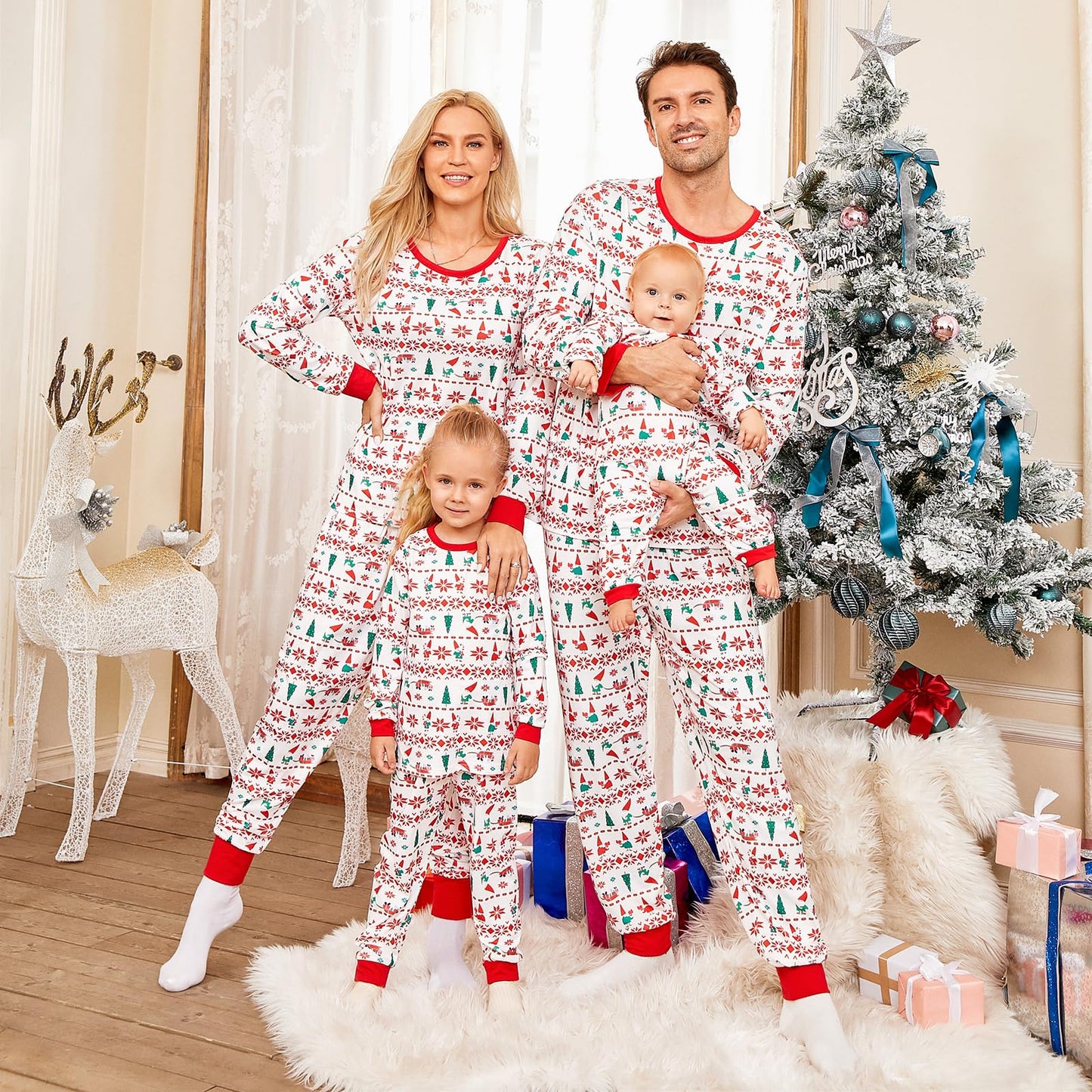 PopReal Christmas Pajamas for Family, Matching Family Christmas PJs Sets Blue Elk Tree Printed Top Sleepwear