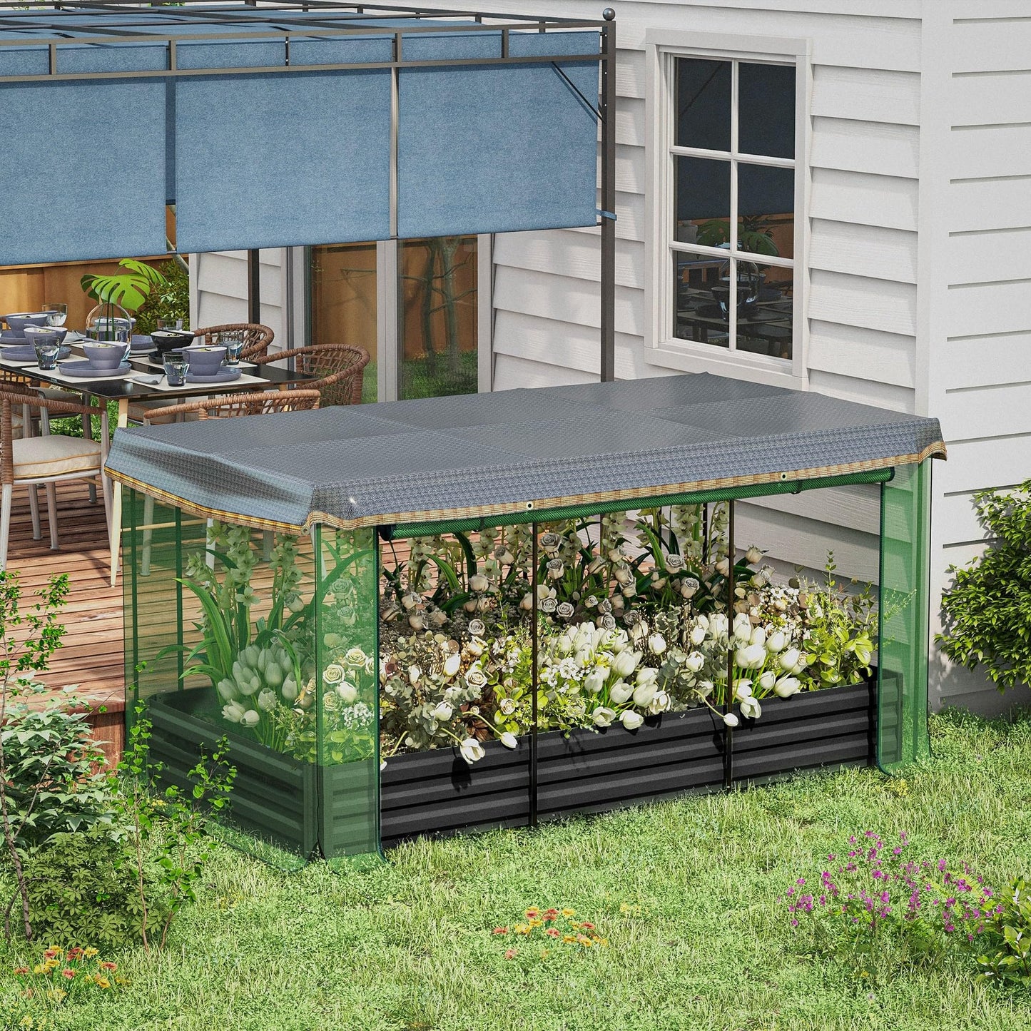 Outsunny 7.3 x 3.4 x 1 ft Galvanized Raised Garden Bed with Crop Cage Plant Protection Net and Shade Cloth Roof, Metal Planter Box with Cover for Vegetables, Flowers, Herbs, Dark Gray