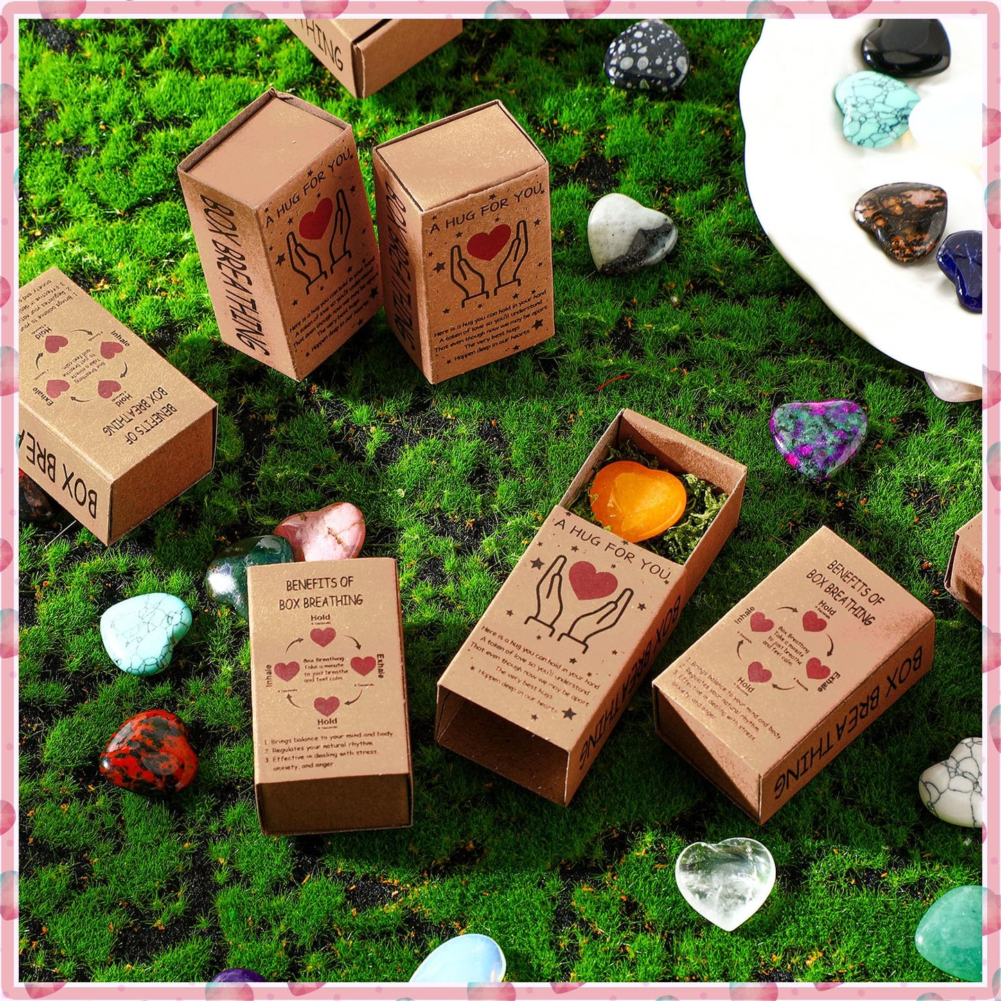 Landical 50 Sets Pocket Hug Token Gifts Bulk Little Heart Rocks Small Crystal Heart Stones Bulk with Boxes for Birthday Party Colleagues Family Celebration of Life Gifts (Classic)
