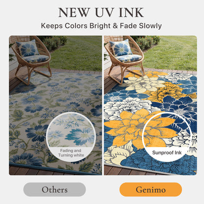 GENIMO Indoor Outdoor Area Rug 10'x14', Machine Washable Rugs for Patio, Waterproof, Non-Slip Easy Cleaning Floral Outdoor Mat Carpet for Living Room, Bedroom, RV, Balcony, Deck, Camping, Navy Blue