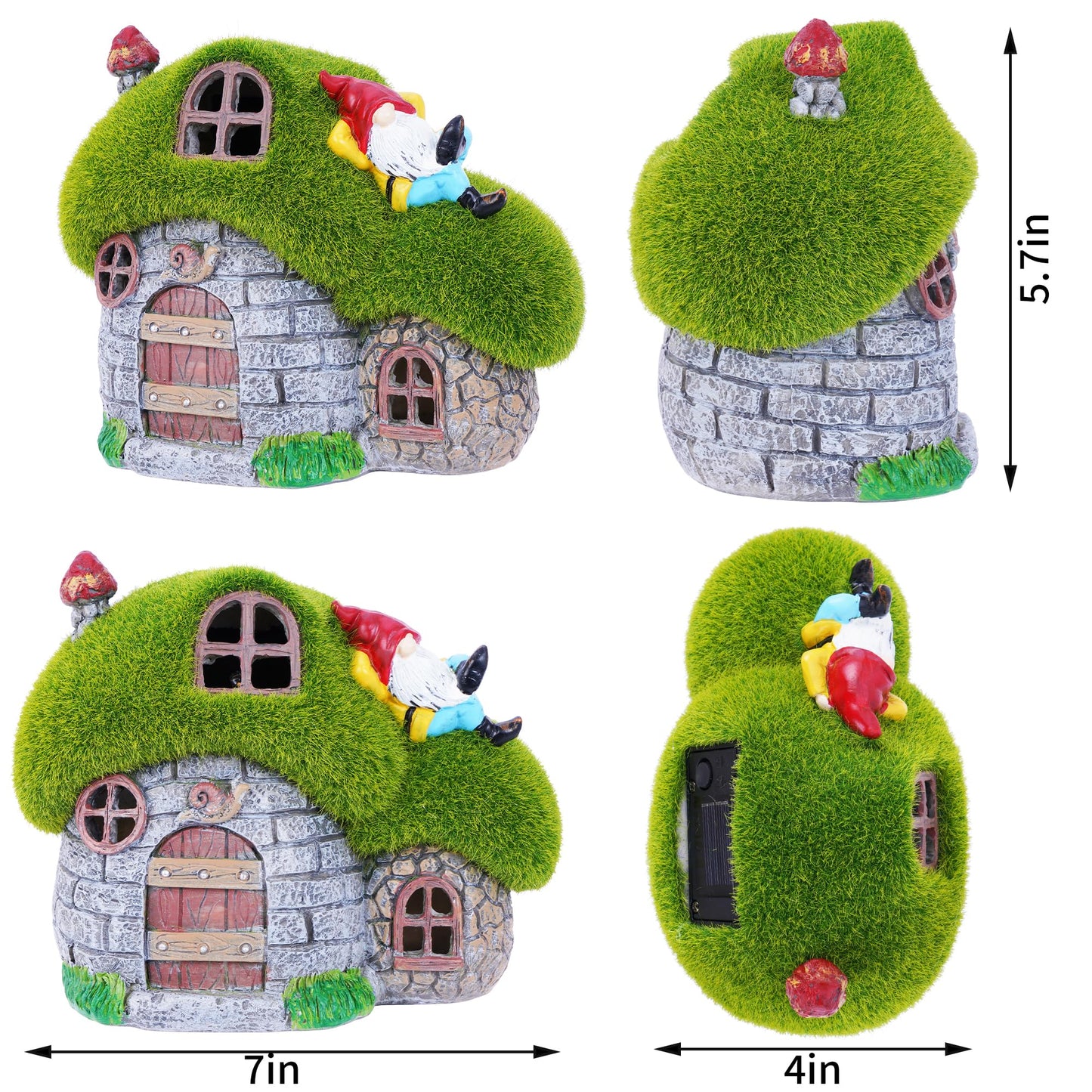 ILLUMINEW House Garden Statues with Solar Lights, LED Cute Flocked Fairy House with Gnomes Garden Figurine, Outdoor Patio Yard Lawn Decorations Gift