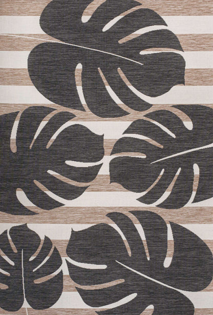 JONATHAN Y Beach Stripe and Monstera Leaf Indoor Outdoor Area Rug 8X10 Black/Beige, Allison Classic for Backyard, Patio, Porch, Easy-Cleaning, High Traffic, Pet-Friendly, Non-Shedding (TSN400A-8)