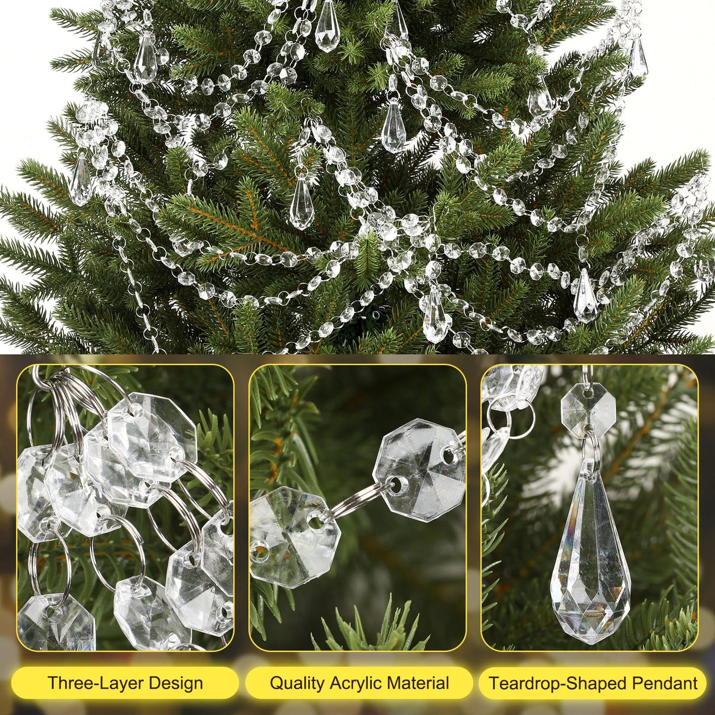 Pinkunn 12 Pcs 3-Layer Crystal Garland for Christmas Tree 20in 16in 12in 3-Layer Acrylic Bead Garland Hanging Christmas Decorations Indoor Home Decor for Home Xmas Wedding Party Decor(Teardrop)