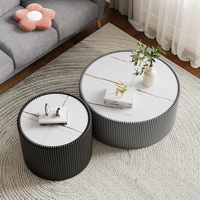 2-Piece Round Nesting Coffee Table Set, 29.52" Marble Coffee Table and End