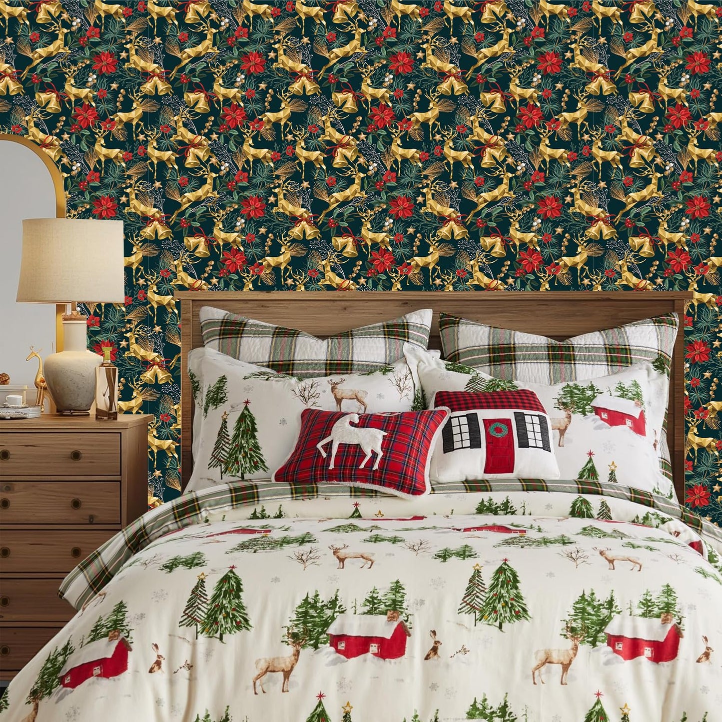 TOARTi Gold Elk Christmas Peel and Stick Wallpaper Dark Green Christmas Reindeer Contact Paper for Cabinets Drawer Xmas Self Adhesive Wallpaper for Winter Holiday Party Xmas Contact Paper