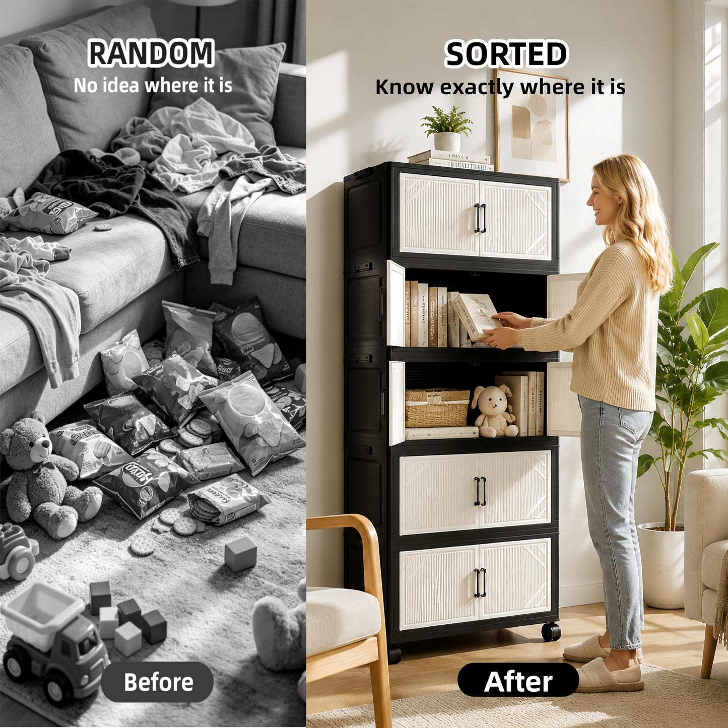 5 Tier Foldable Storage Cabinet with Top Lid, Tall Mobile PP Storage Organizer with Magnetic Doors and Wheels, Space-Saving Collapsible Organizer for Bedroom Living Room Kitchen Pantry Bathroom