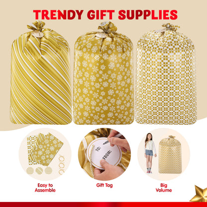 JOYIN 3 PCS 56”x36” Jumbo present Bags Parties Gold for Xmas Large Holiday Plastic Gift Bag, Christmas Decorations, Carry-on Luggage, Large Toys and Stuffed Animals