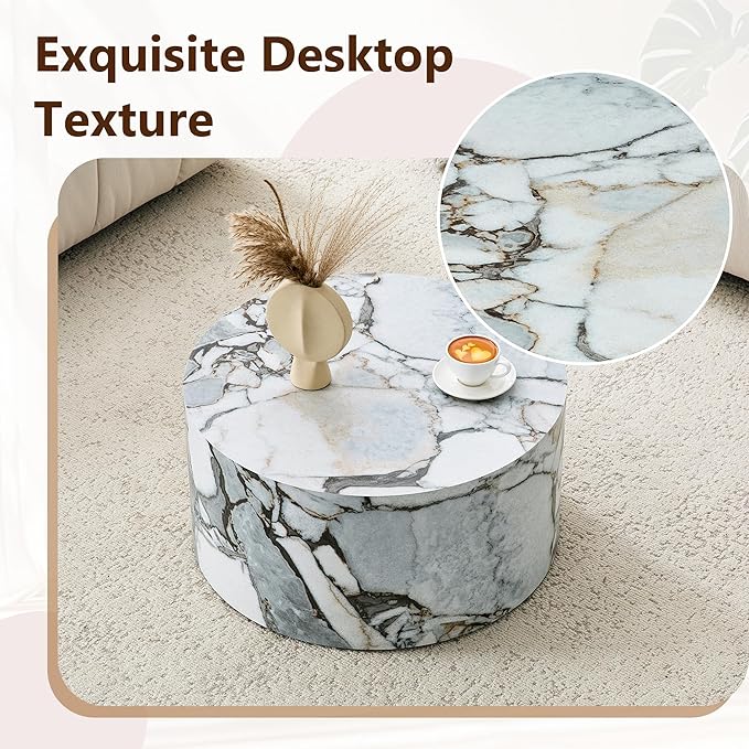 Round Coffee Table, 23.6" Modern Faux Marble Drum Coffee Table, Round Accent