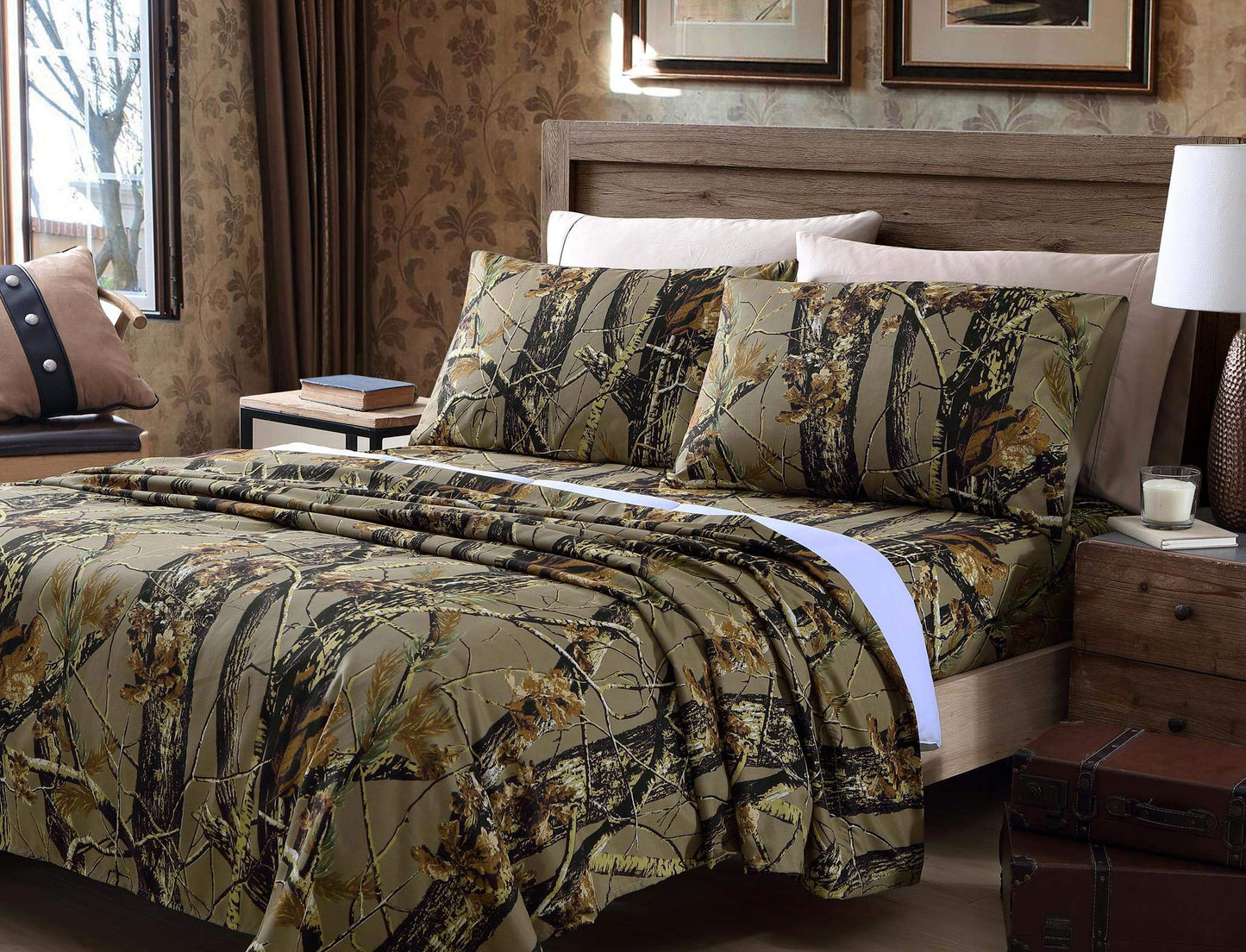 Chezmoi Collection Salem 4-Piece Cabin Lodge Forest Woods Sheet Set - Nature Camo Tree Leaves Printed Soft Microfiber Sheets - California King, Natural