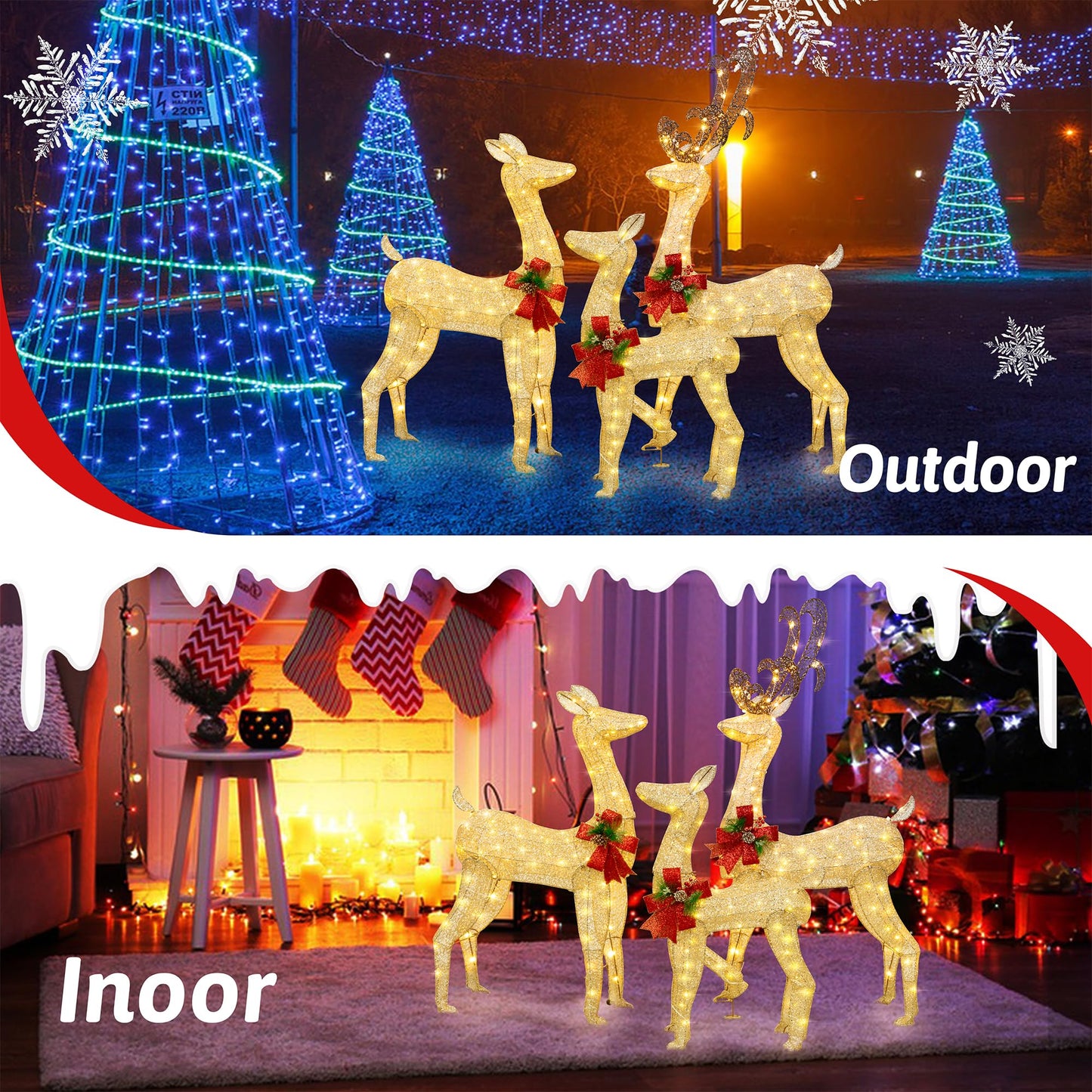 Shintenchi 3-Piece LED Lighted Christmas Deer Outdoor Yard Decorations, 3D Super Large Christmas Reindeer Decor, Outdoor Lighted Holiday Deer with 360 LED Displays for Front Yards Garden Lawn Patio