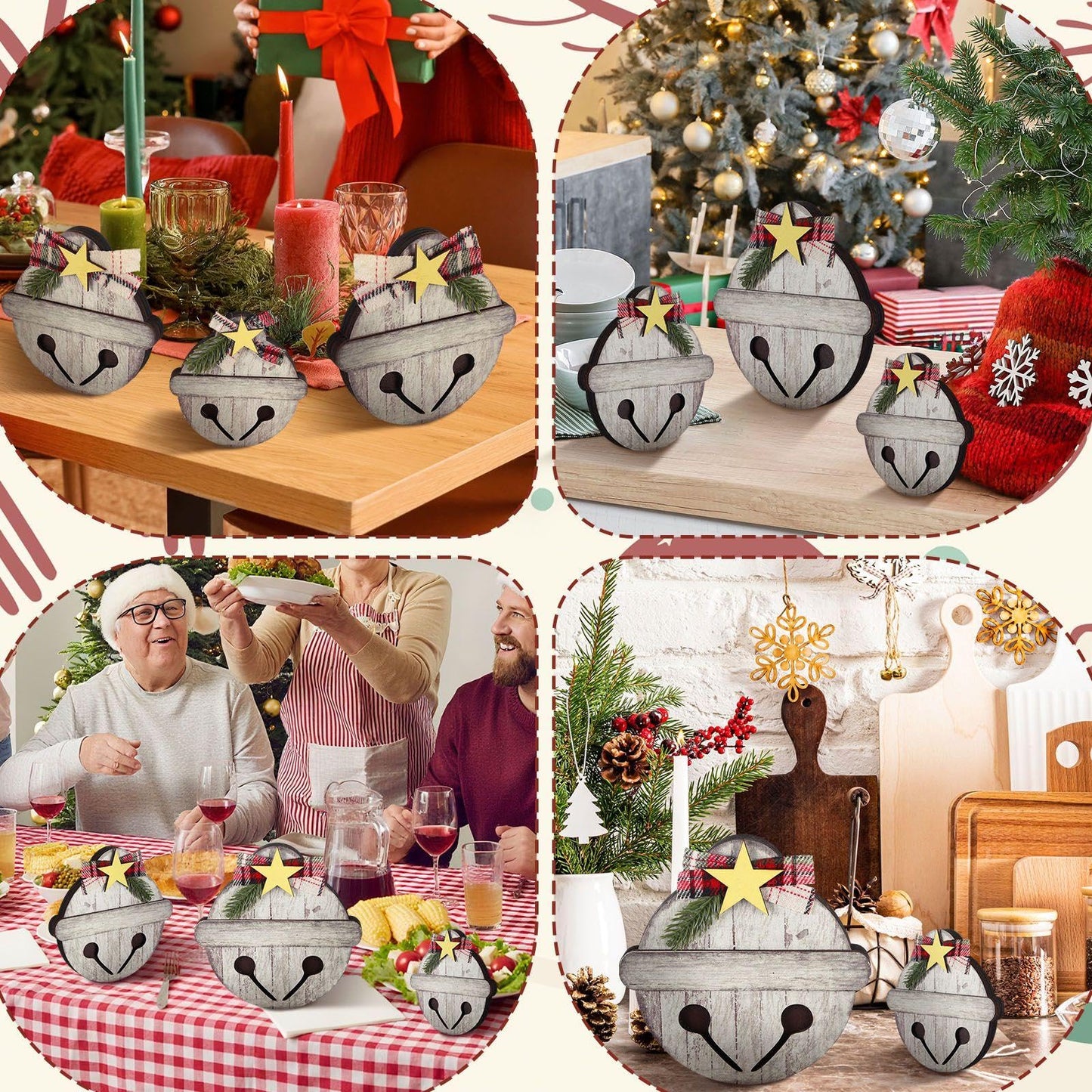 Threehoney 3 Pcs Christmas Wooden Table Decorations Rustic Jingle Bell Wood Sign with Plaid Bow Pine Branches Star Farmhouse Christmas Bell Table Centerpieces for Xmas Party Kitchen Tiered Tray Decor