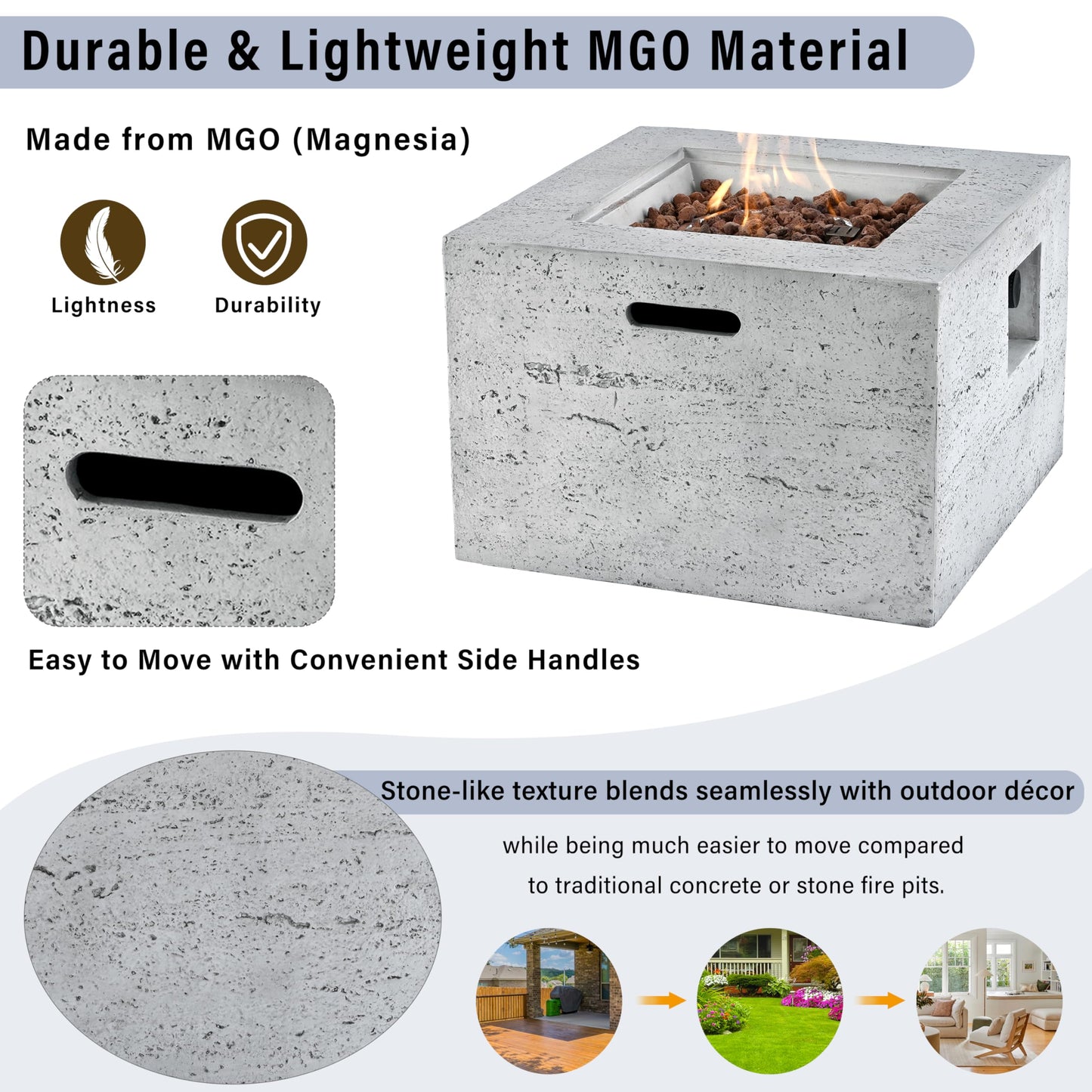 Merax MGO Outdoor Square Fire Pit with Steel Burner,Lightweight 24.02-inch Propane Fire Pit Table with Adjustable Flame, 40,000 BTU, Lava Rocks, and Rain Cover for Patio,Backyard, Poolside, Gray