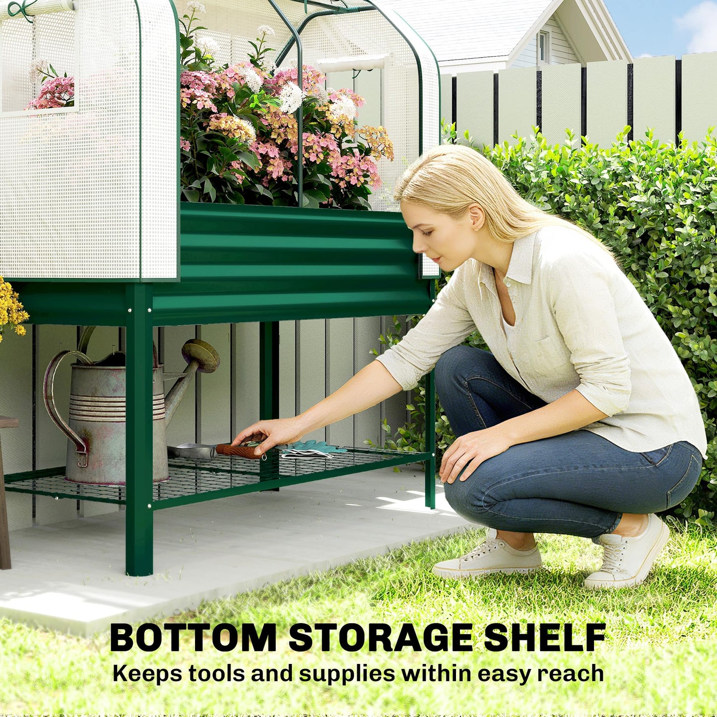 Outsunny Galvanised Raised Garden Bed with Greenhouse Cover, Metal Elevated Garden Bed with Legs, Bed Liner and Bottom Shelf, Outdoor Raised Planter Box for Vegetables, Herbs, Flowers, Green